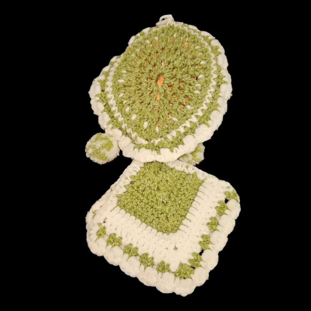 Vintage Crochet Doll Potholder Set Green White Kitchen Decor Hanging Hot Pads